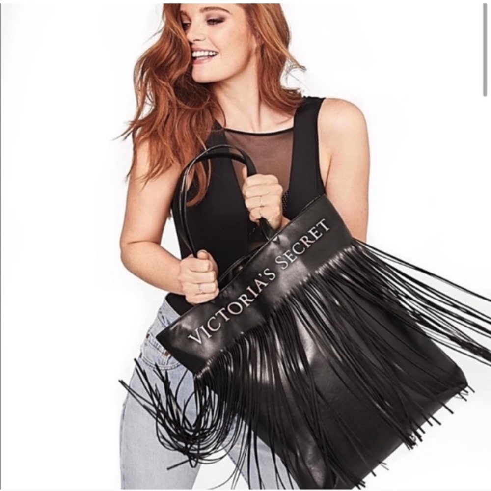Victorias Secret Limited Edition Black Faux Leather Fringe Tote Bag